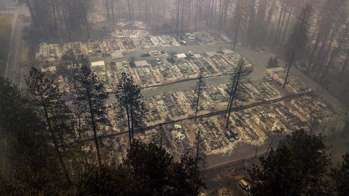 Residences leveled by the wildfire line a neighborhood in Paradise, Calif. on Nov. 15.