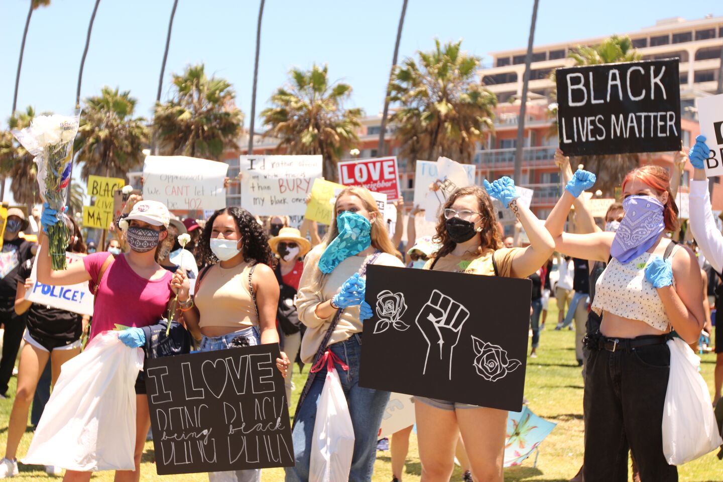 Sign-carrying protesters gather at Scripps Park in La Jolla.