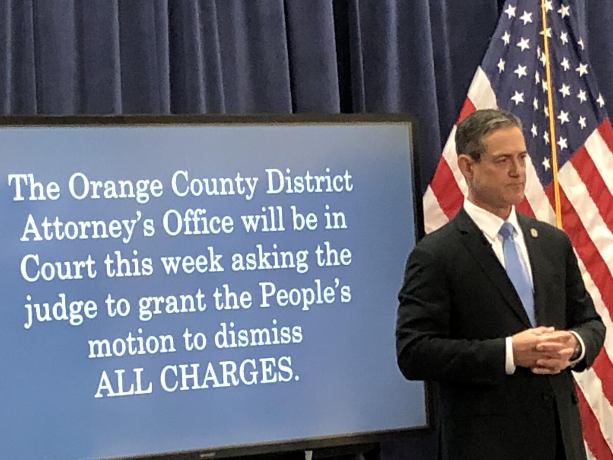 Orange County District Attorney Todd Spitzer announces Tuesday that he plans to drop all charges against Dr. Grant Robicheaux and Cerissa Riley.