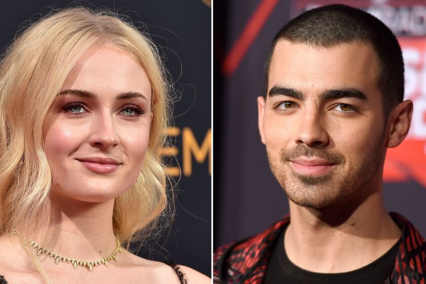 This combination photo shows Sophie Turner at the 68th Primetime Emmy Awards in Los Angeles on Sept. 18, 2016, left, and musician Joe Jonas at the iHeartRadio Music Awards in Inglewood, Calif., on March 5, 2017. Turner and Jonas are engaged. They shared the same photo on Instagram Sunday, Oct. 15, 2017, of her hand sporting a diamond ring and resting on top of his. Turner noted in her caption: âI said yes.â (Photo by Jordan Strauss/Invision/AP, File)