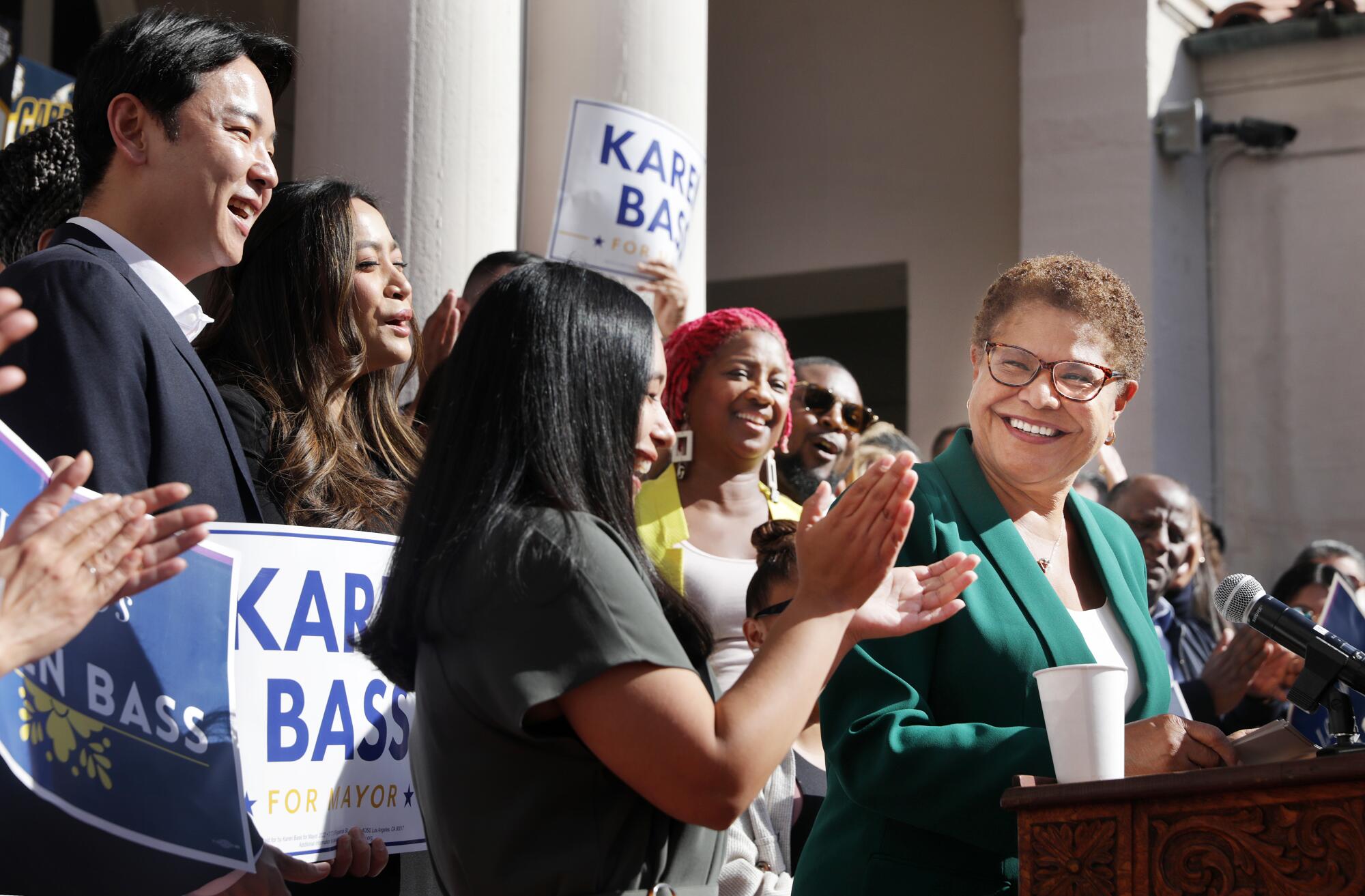 Karen Bass speaks to supporters and the media at the Wilshire Ebell Theatre in Los Angeles on Thursday.