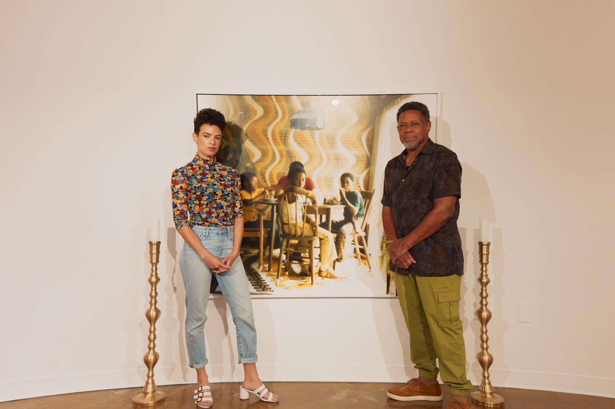 Artist Sadie Barnette and her father, Rodney, at her show: Legacy and Legend at Pitzer College Art Galleries.