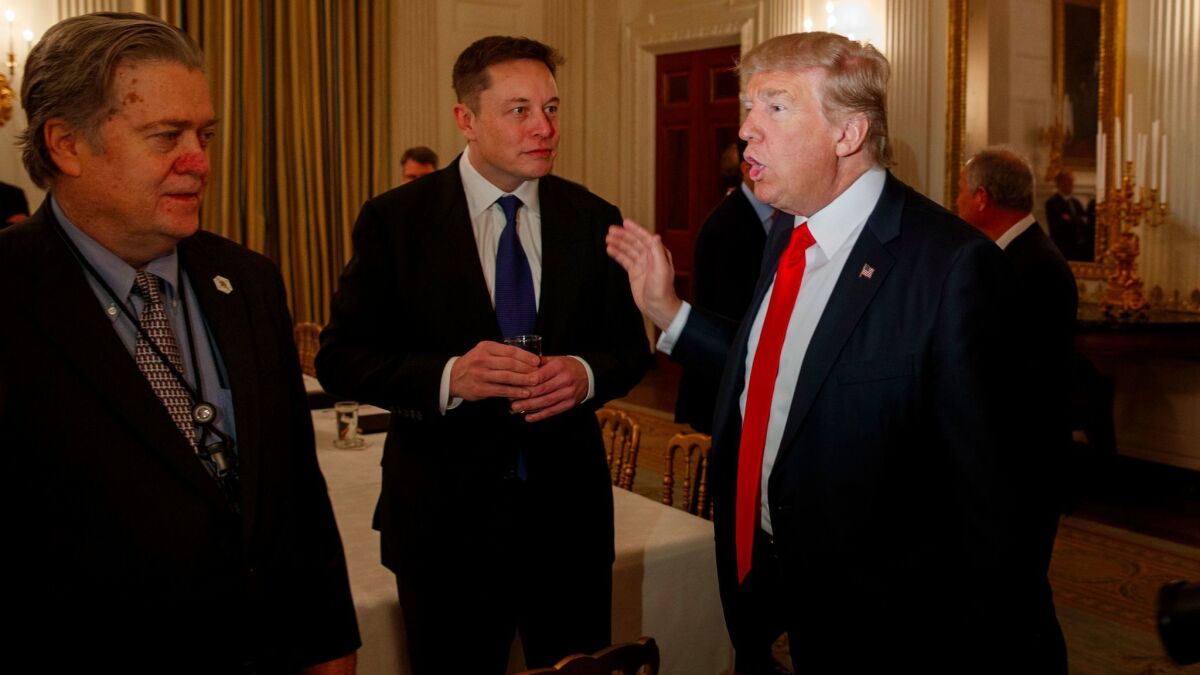 Elon Musk, center, meets in March with White House chief strategist Steve Bannon, left, and President Trump.