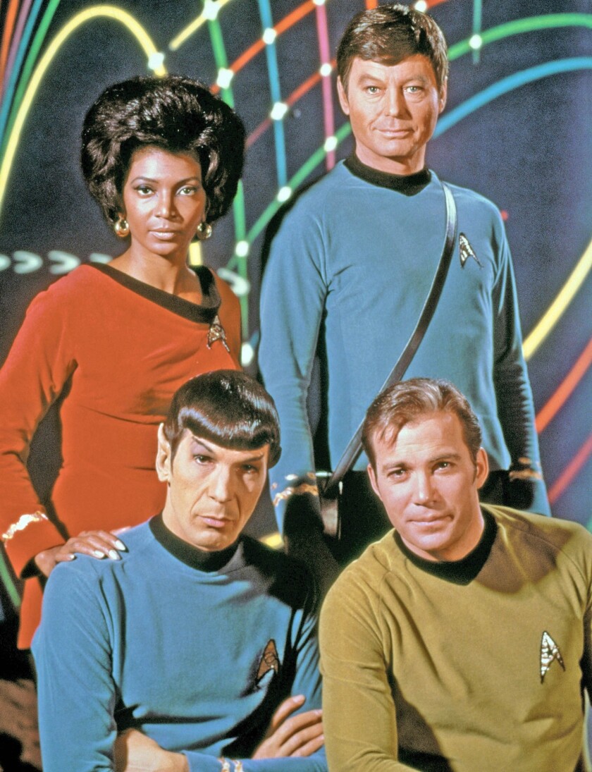 The original cast of "Star Trek" included Nichelle Nichols, top left, DeForest Kelley, top right, Leonard Nimoy, bottom left, and William Shatner.