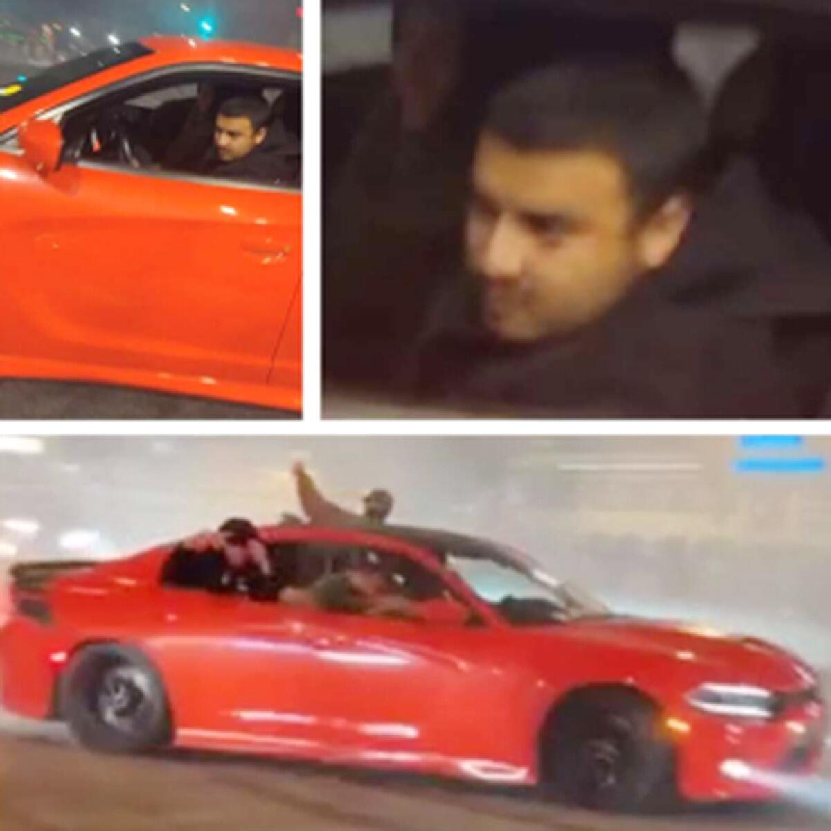 Screenshots show closeups of a driver and a car doing burnouts as people hang out of its windows