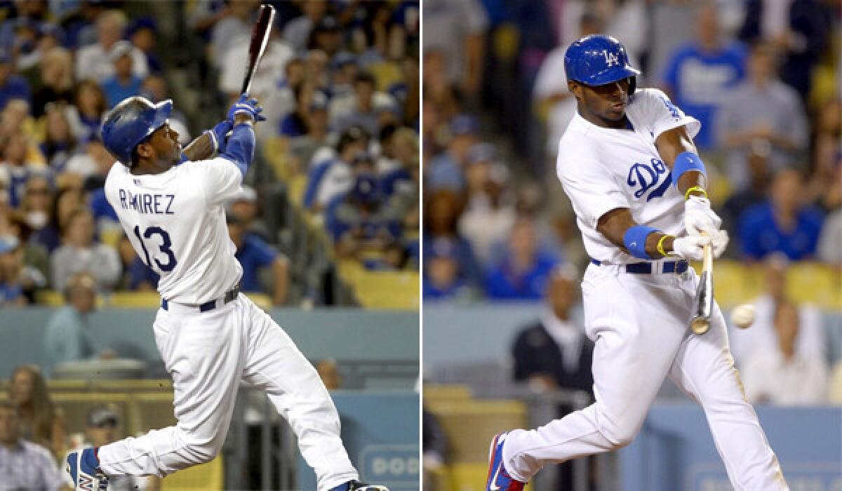 Hanley Ramirez, left, and Yasiel Puig are two of the Dodgers' biggest power hitters. The question is: Who hits the ball harder?