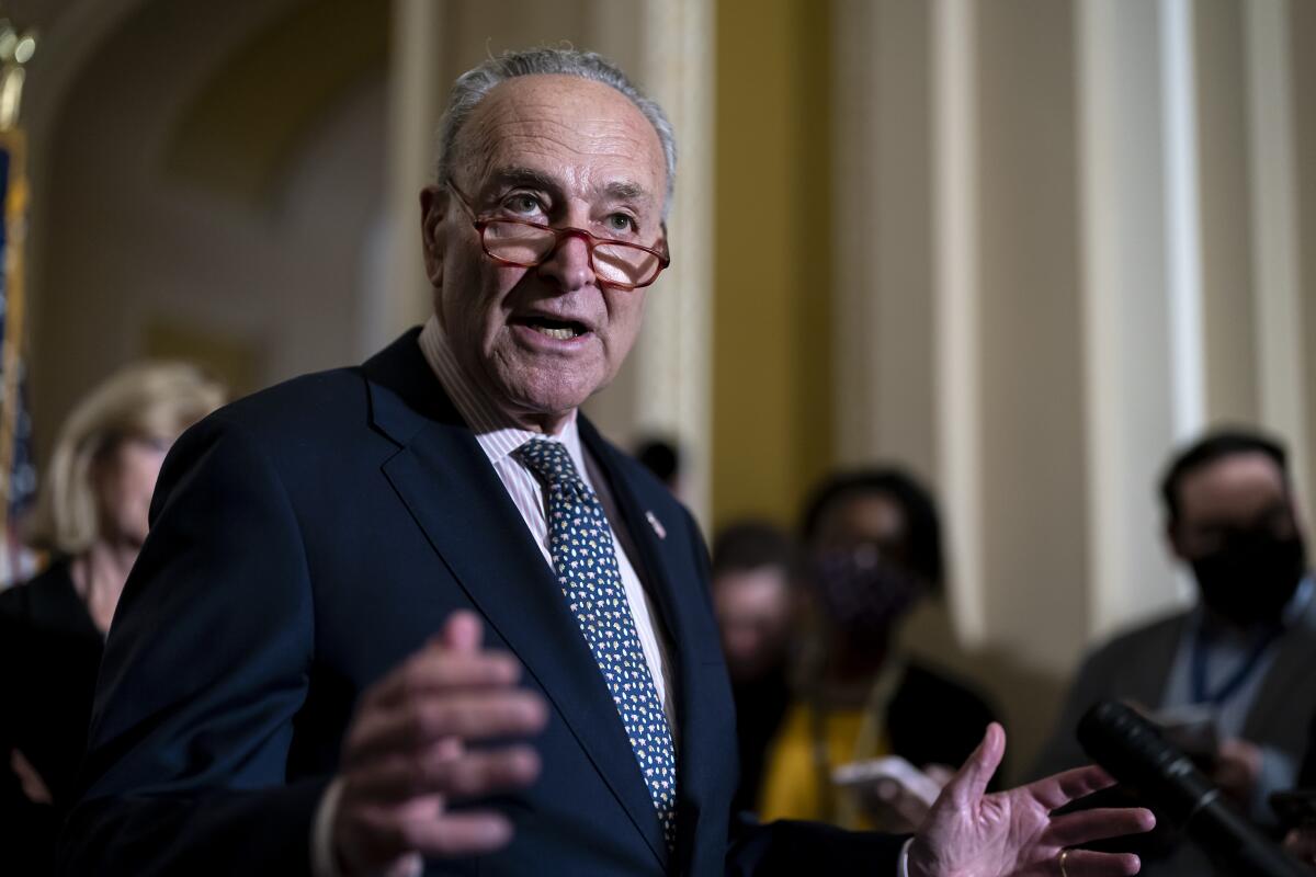 Senate Majority Leader Charles E. Schumer speaks to reporters.