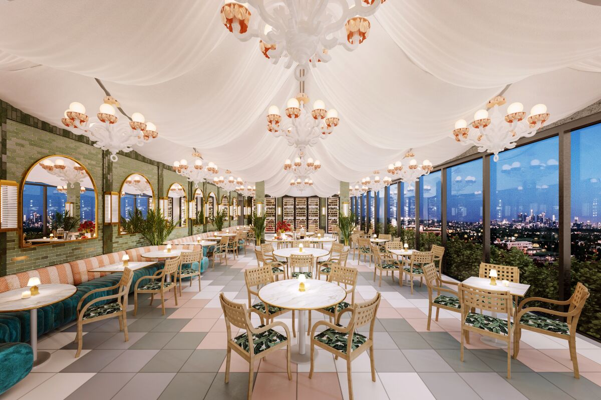A rendering of the dining room at Merois, one of Wolfgang Puck's two new restaurants at Pendry West Hollywood.