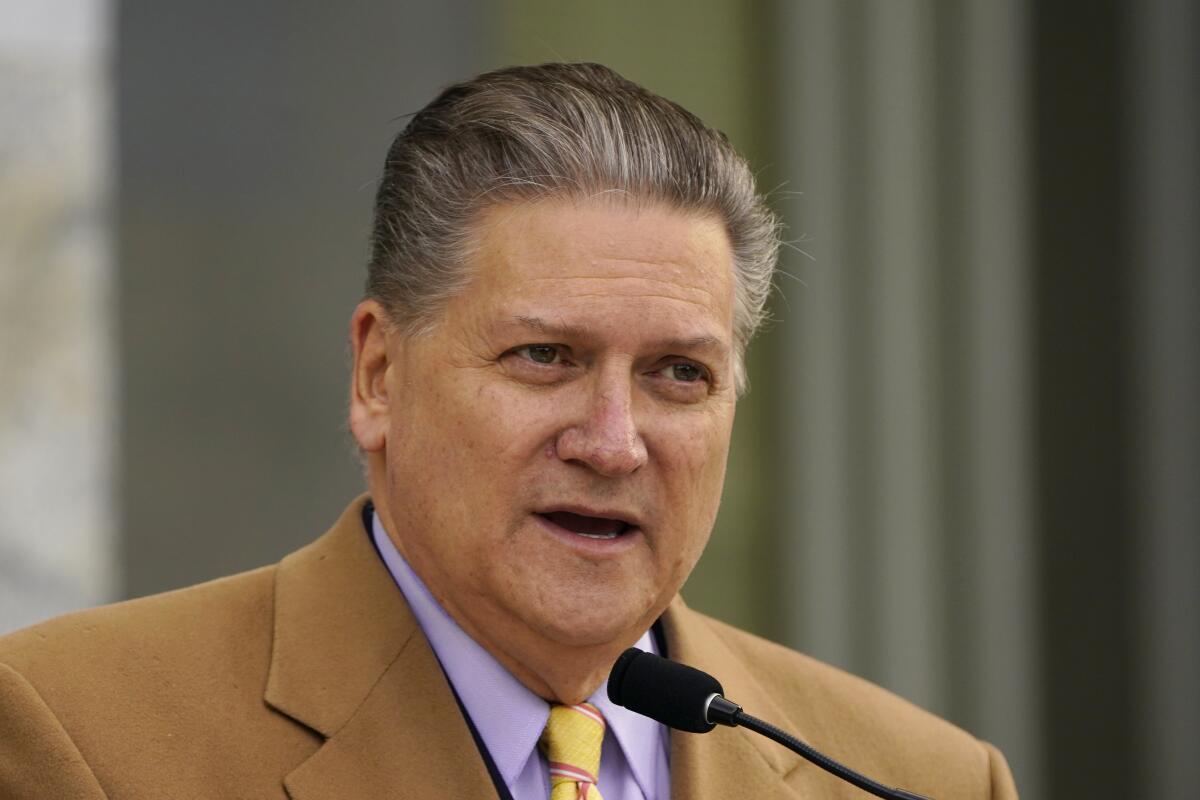 FILE - Los Angeles-area state Sen. Robert Hertzberg, a Democrat, speaks at a news conference in Sacramento, Calif., on Wednesday, Jan. 12, 2022. Hertzberg, the state Senate Majority Leader, announced Wednesday Jan. 19, 2022, that he is moving to an "emeritus" role as he prepares to leave the state Legislature due to term limits. Hertzberg said that he will compete, along with other lawmakers for a seat on the Los Angeles County Board of Supervisors .(AP Photo/Rich Pedroncelli, File)