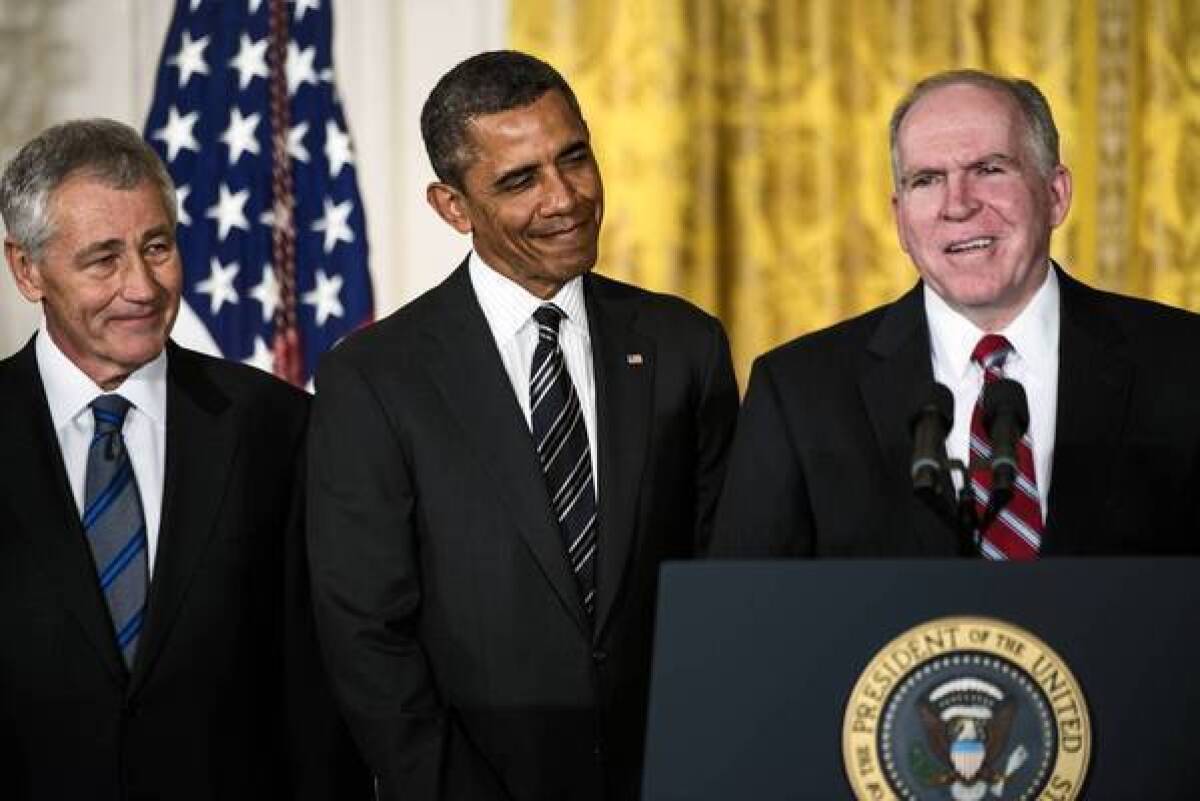 President Obama appears at the White House with Chuck Hagel, left, his nominee for Defense secretary, and John Brennan, right, his choice for CIA director.