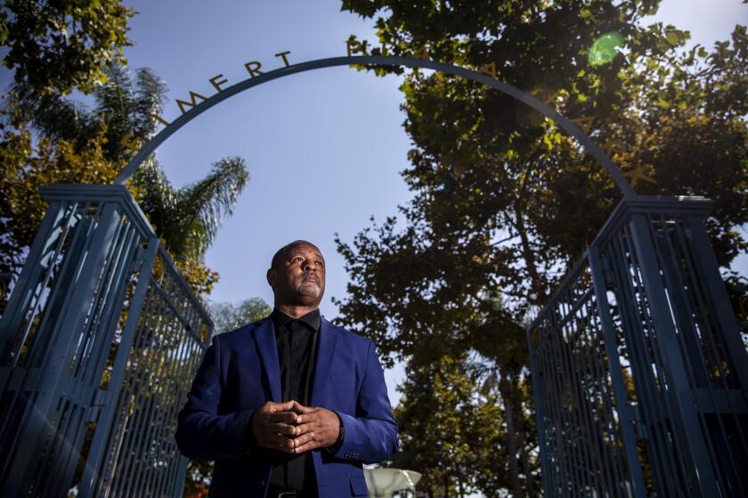 Los Angeles, CA - September 08: Najee Ali, a former friend of California Gubernatorial Republican recall candidate Larry Elder, says he had to drop his former friend after his conservative beliefs became too radical, more than 15 years ago, and is photographed in front of Leimert Plaza Park, in Los Angeles, CA, Wednesday, Sept. 8, 2021. (Jay L. Clendenin / Los Angeles Times)