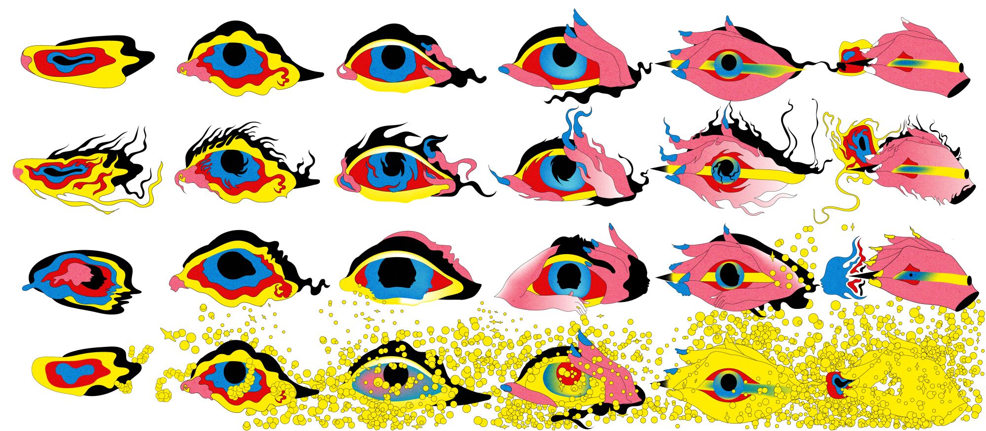 Rows of drawn colorful eyes dissolve into yellow blurs.