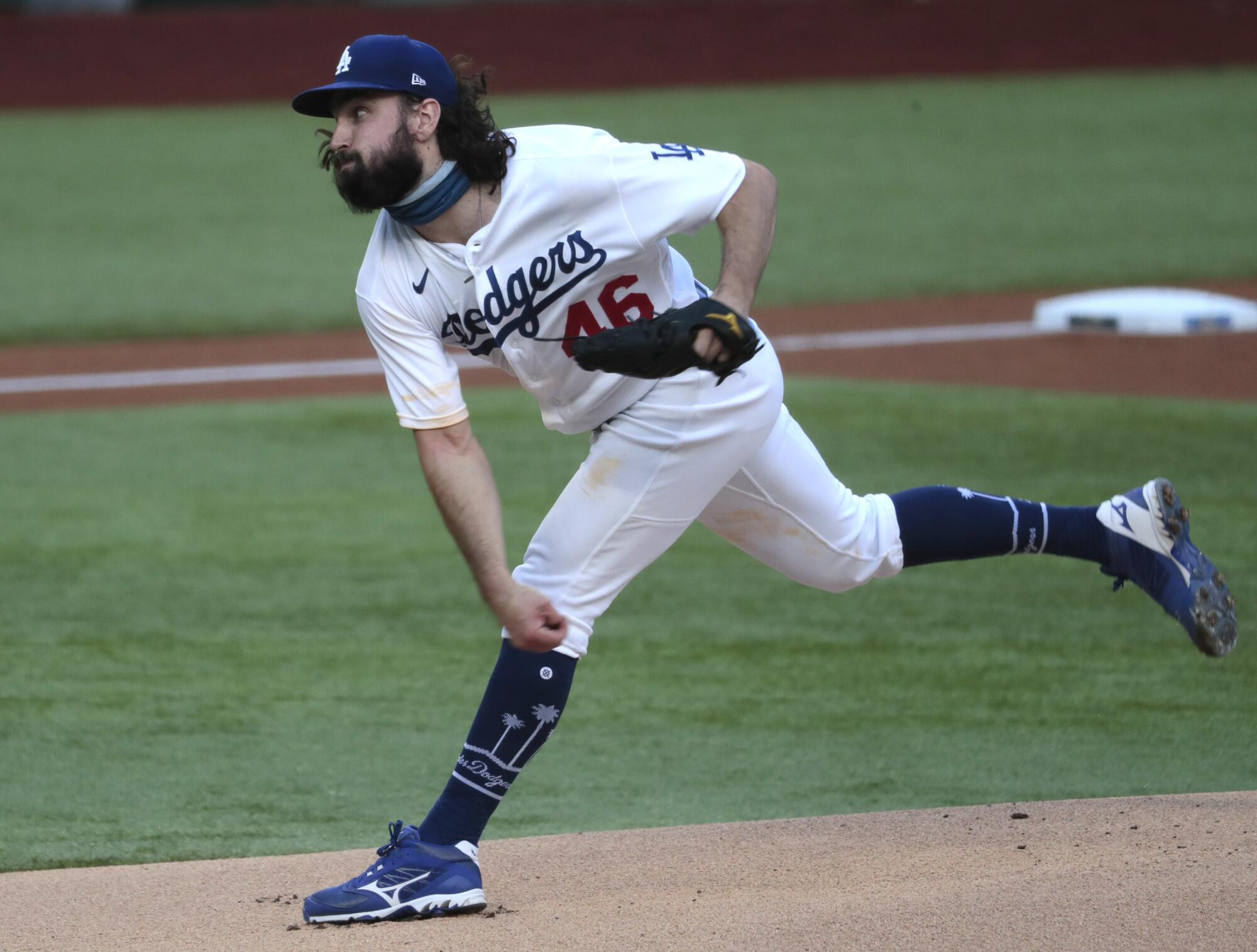 Dodgers starting pitcher Tony Gonsolin delivers against the Atlanta Braves in Game 2 of the NLCS.