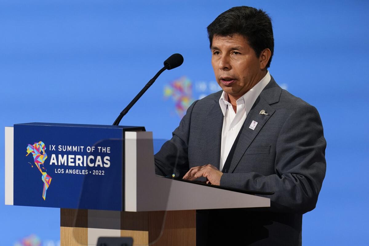 El presidente peruano Pedro Castillo habla durante una sesión plenaria en la Cumbre de las Américas