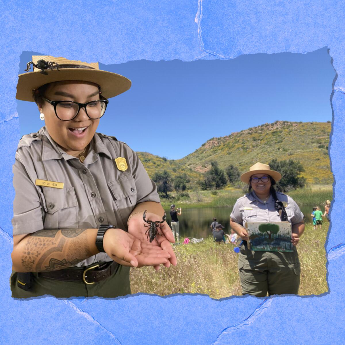 Two women in park uniforms stand near a lake. One holds a scorpion.