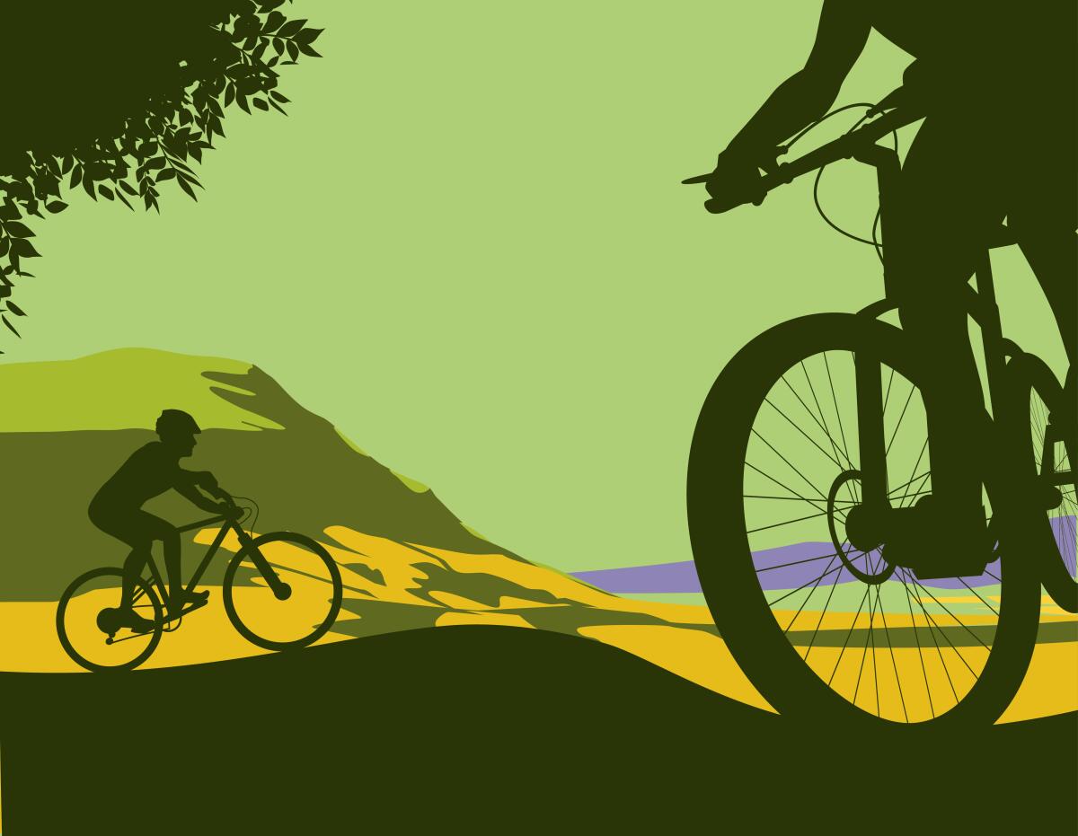 Illustration of two mountain bikers against hills