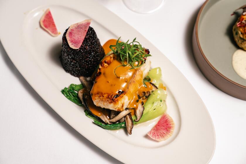 CABAZON, CA - Bold colors on pan-roasted Chilean sea bass stimulates tastebuds on January 28th, 2023 in Cabazon. Display on the dish showcases what Cielo the Steakhouse stands for.