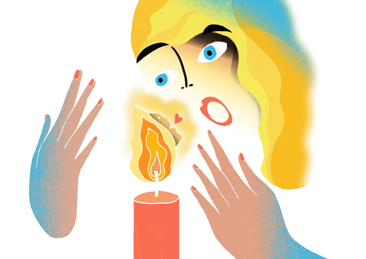 An illustration of a woman looking into the flame of a candle and seeing her late boyfriend.