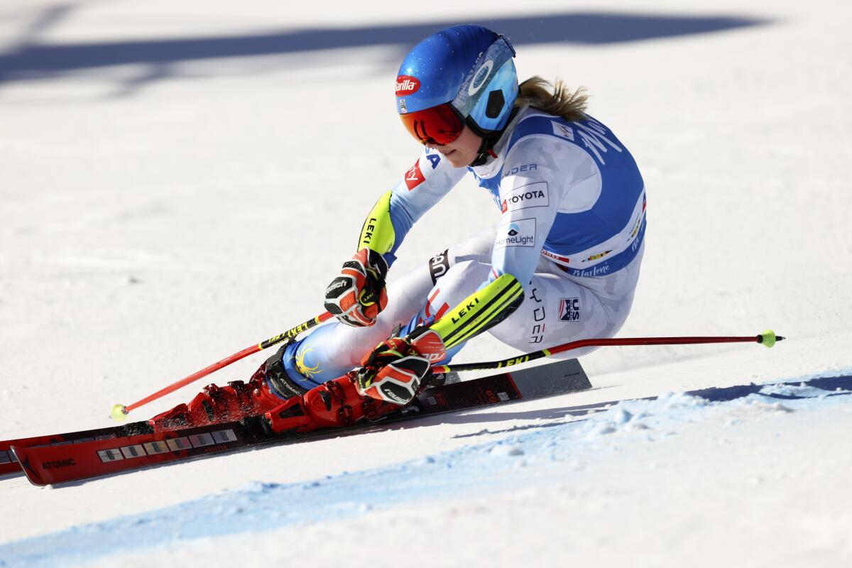 Mikaela Shiffrin speeds down the course during a World Cup giant slalom run in Kronplatz, Italy, on Jan. 25.
