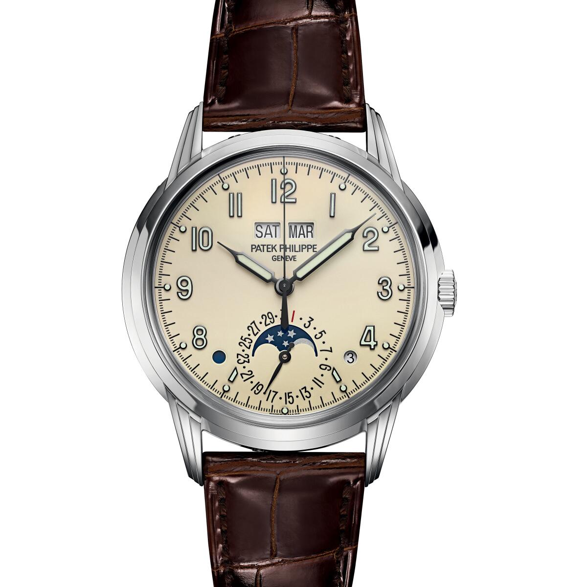 A photo of Patek Philippe's Men's Perpetual Calendar watch in white gold.