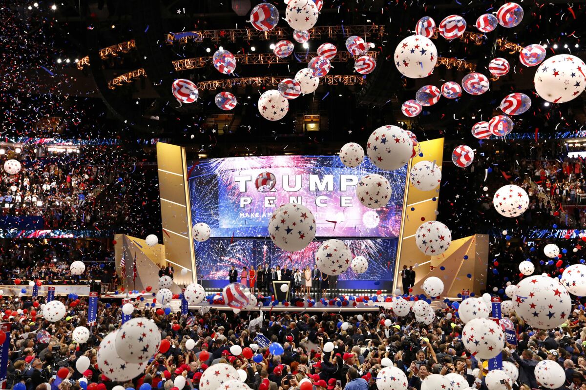 Balloons drop at the end of the the Republican National Convention in Cleveland.