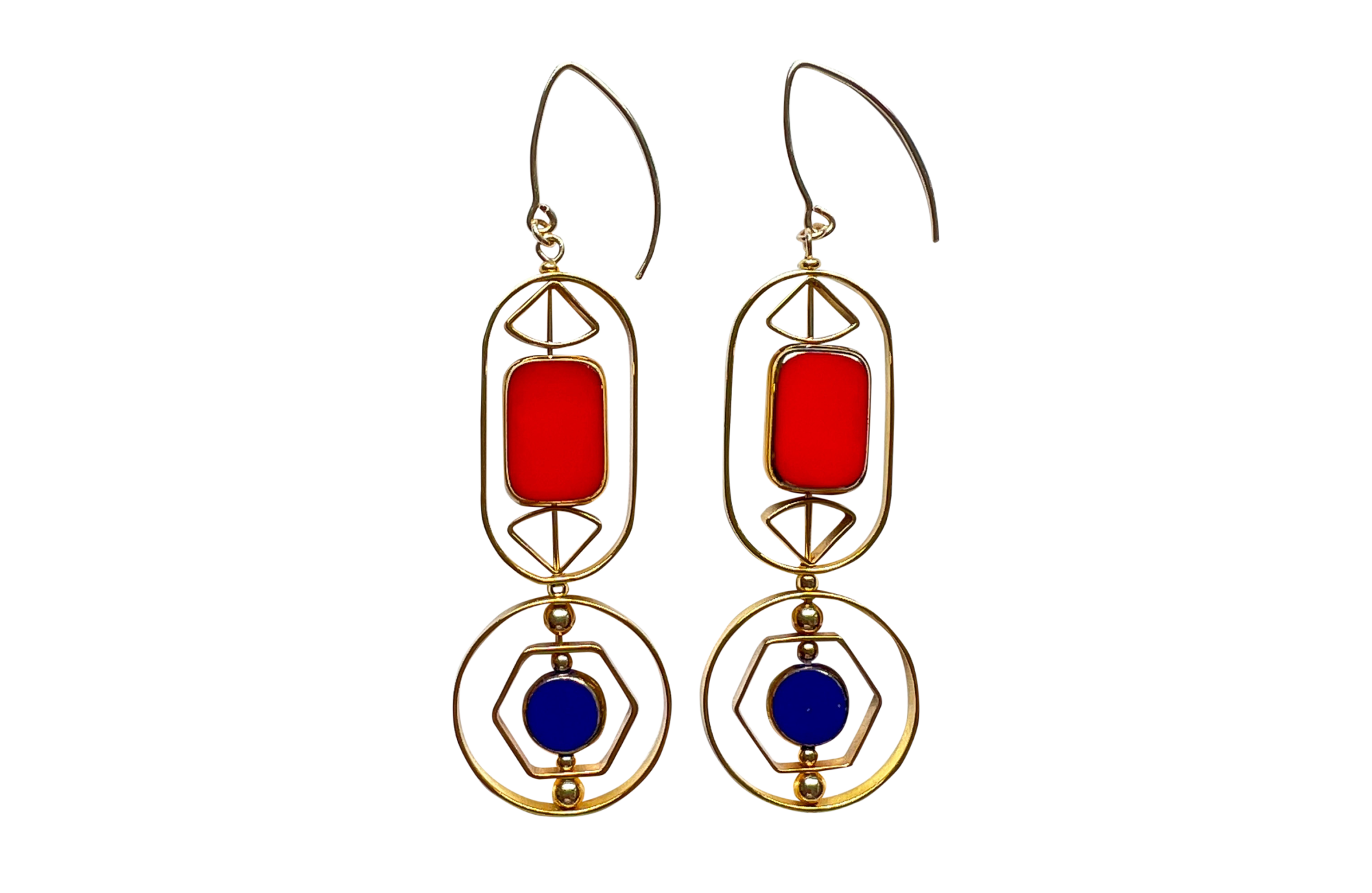 Gold drop earrings with red and blue glass beads from Aracheli Studio