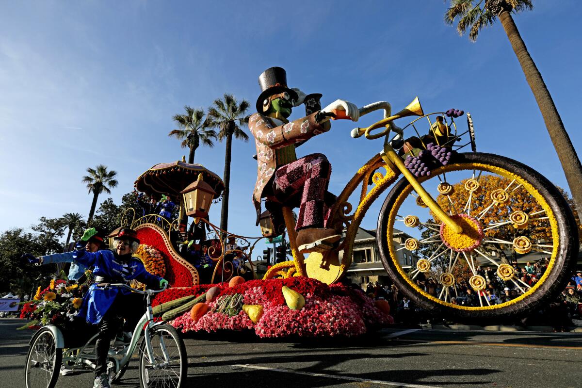 The "Hats Off" float by Trader Joe's, winner of the Showmanship award for most outstanding display of showmanship and entertainment in the 129th Rose Parade in Pasadena.
