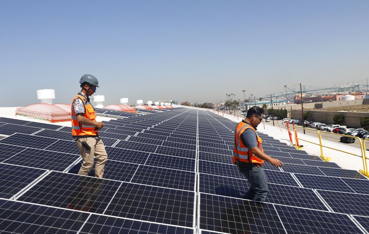 A newly built rooftop solar installation, seen in April, will power AltaSea's 35-acre campus at Port of Los Angeles.