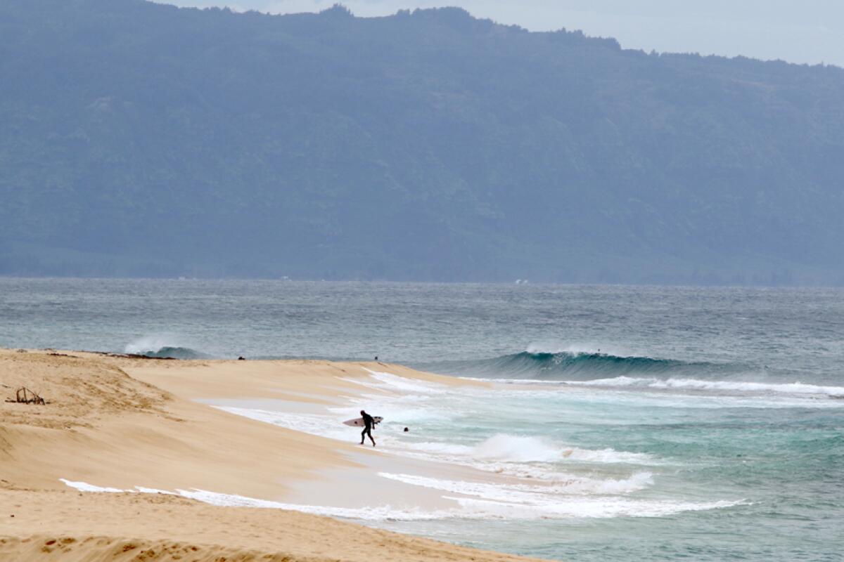 A surfer on the North Shore near Haleiwa, Hawaii.
