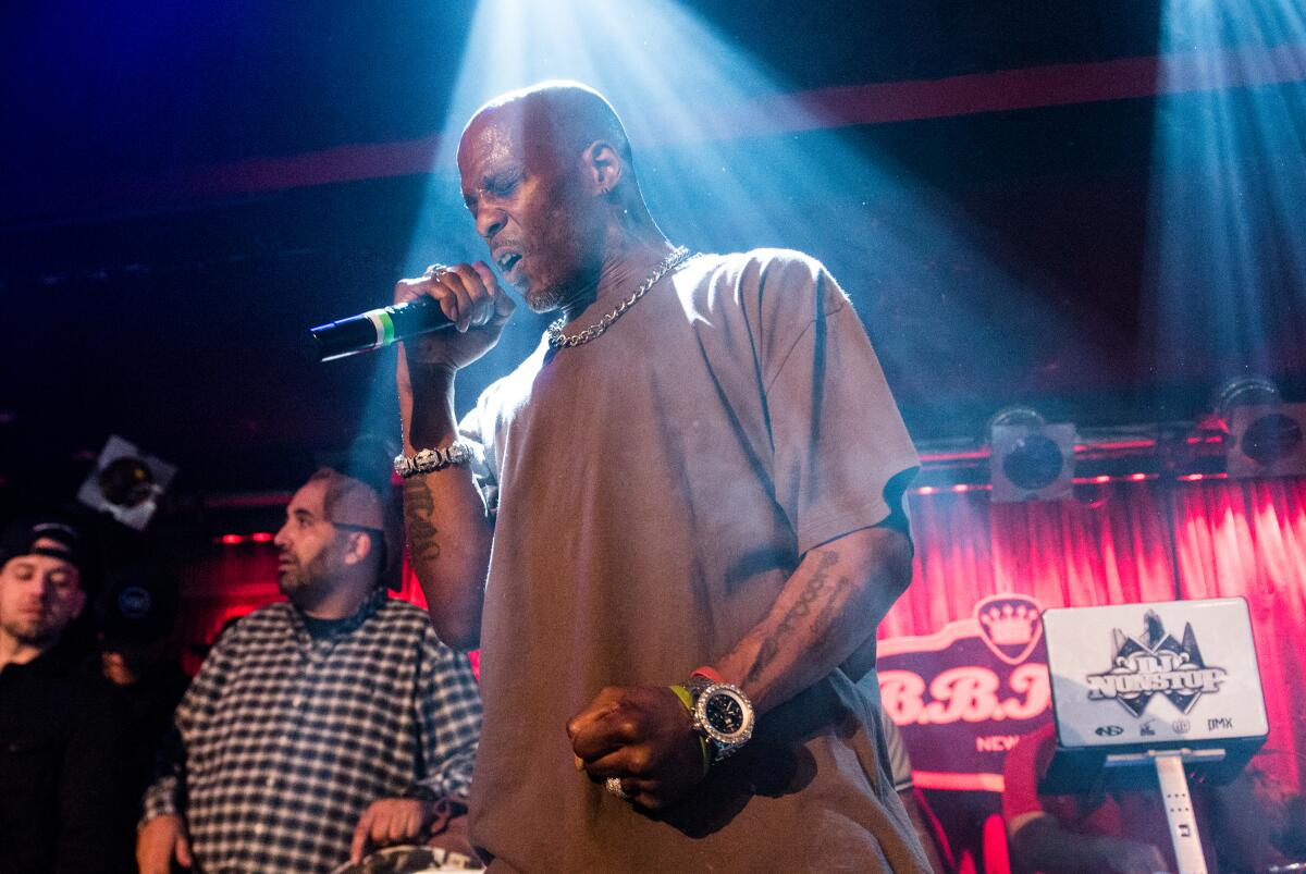 Rapper DMX holding a microphone and showered in stage lights.