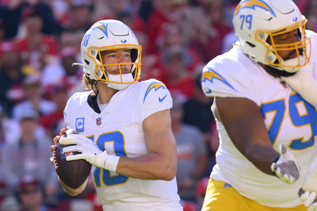 Chargers quarterback Justin Herbert looks to pass against the Kansas City Chiefs on Oct. 22.