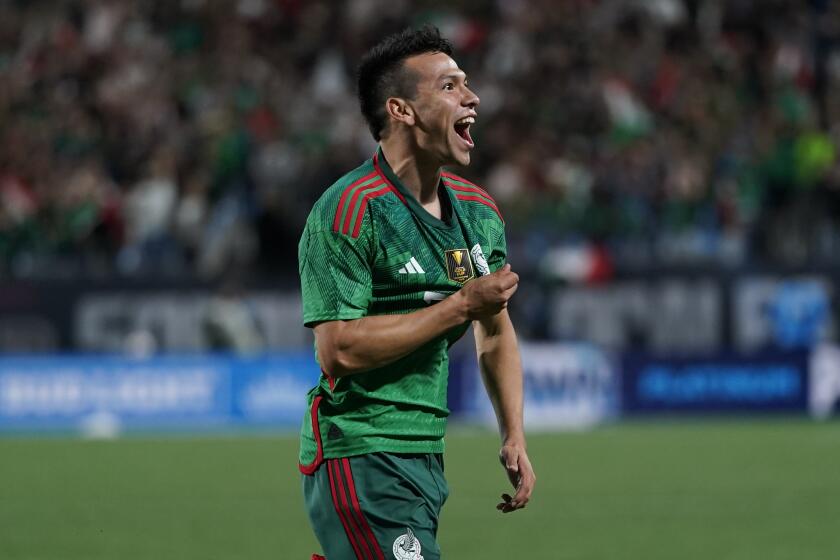 Mexico midfielder Hirving Lozano celebrates his goal against Ghana during the second half of an international friendly soccer match, Saturday, Oct. 14, 2023, in Charlotte, N.C. (AP Photo/Erik Verduzco)