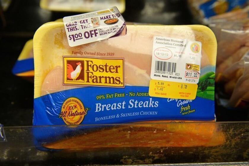 Foster Farms chicken is seen for sale in a grocery store in Los Angeles.