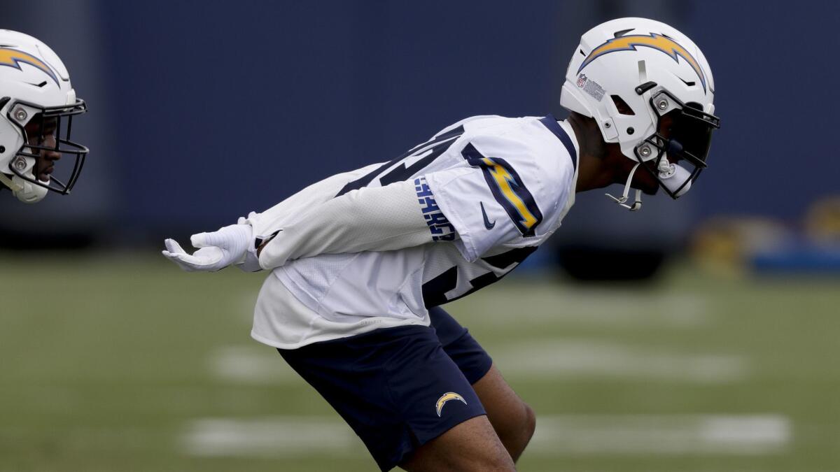 The Chargers' Derwin James works out during the team's rookie minicamp on Friday.