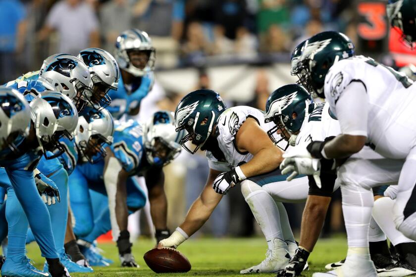 CHARLOTTE, NC - OCTOBER 12: The Philadelphia Eagles offense lines up against the Carolina Panthers defense in the third quarter during their game at Bank of America Stadium on October 12, 2017 in Charlotte, North Carolina. (Photo by Streeter Lecka/Getty Images) ** OUTS - ELSENT, FPG, CM - OUTS * NM, PH, VA if sourced by CT, LA or MoD **
