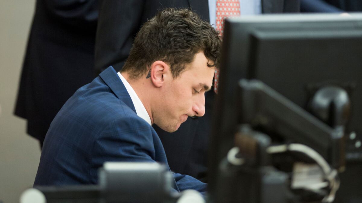 In this May 5 photo, former Cleveland Browns quarterback Johnny Manziel sits at the defense table during a hearing in Dallas.