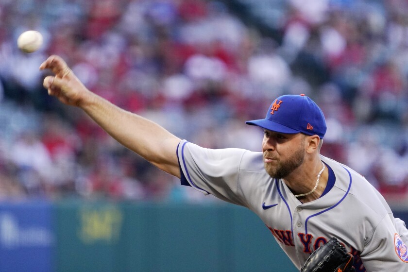 Mets starter Tylor Megill pitches during the first inning June 10, 2022, in Anaheim, Calif.