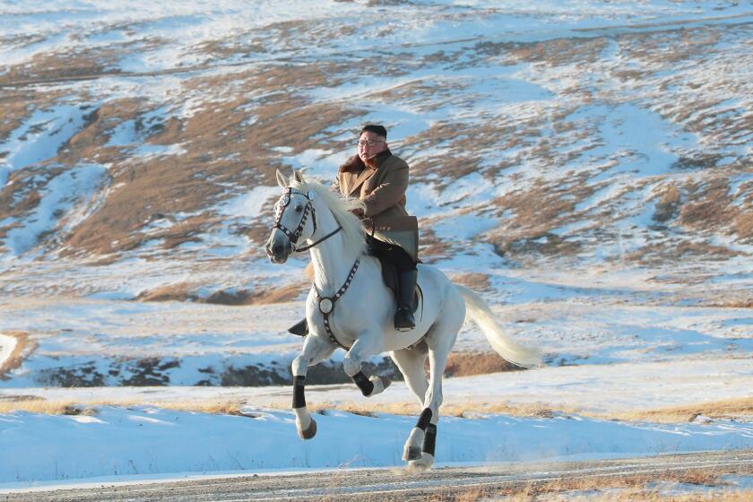 TOPSHOT - This undated picture released by Korean Central News Agency on October 16, 2019 shows North Korean leader Kim Jong Un riding a white horse amongst the first snow at Mouth Paektu. (Photo by STR / KCNA VIA KNS / AFP) / - South Korea OUT / REPUBLIC OF KOREA OUT ---EDITORS NOTE--- RESTRICTED TO EDITORIAL USE - MANDATORY CREDIT "AFP PHOTO/KCNA VIA KNS" - NO MARKETING NO ADVERTISING CAMPAIGNS - DISTRIBUTED AS A SERVICE TO CLIENTS THIS PICTURE WAS MADE AVAILABLE BY A THIRD PARTY. AFP CAN NOT INDEPENDENTLY VERIFY THE AUTHENTICITY, LOCATION, DATE AND CONTENT OF THIS IMAGE / (Photo by STR/KCNA VIA KNS/AFP via Getty Images) ** OUTS - ELSENT, FPG, CM - OUTS * NM, PH, VA if sourced by CT, LA or MoD **
