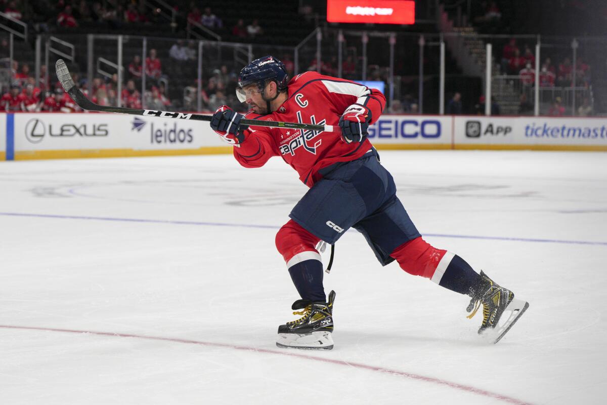 Washington Capitals left wing Alex Ovechkin follows through on a shot against the Detroit Red Wings.