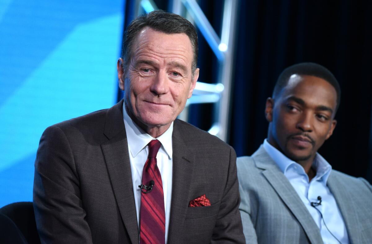 Bryan Cranston and Anthony Mackie participate in the panel for "All the Way" during HBO's presentation at the Television Critics Assn. media tour in Pasadena on Jan. 7.