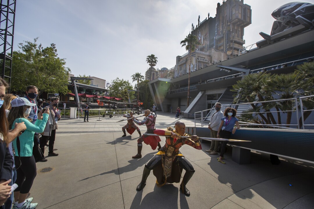 Black Panther's Dora Milaje perform during a media preview of Avengers Campus at California Adventure