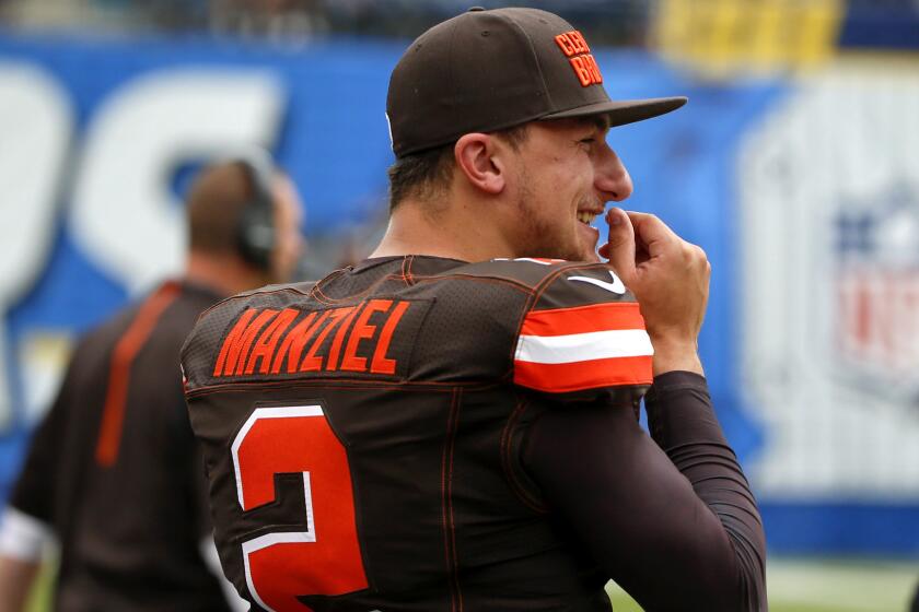 Reserve quarterback Johnny Manziel watches the Browns play the Chargers on Oct. 4 in San Diego.