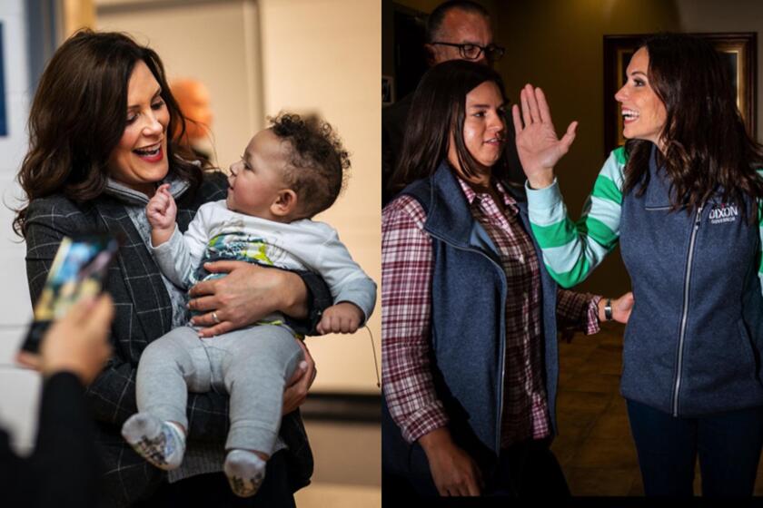 (L) Governor Gretchen Whitmer holds a baby while greeting supporters as she and Lt Gov Garlin Gilchrist II campaign at a "Grillin' with Gretchen" event at Cass Technical High School on Saturday, Oct. 15, 2022 in Detroit, MI. (R) Republican Governor candidate Tudor Dixon waves at well-wishers after participating in the Empowering Families & Protecting Children Bus tour at Faith Baptist Church on Monday, Oct. 17, 2022 in Clinton Township, MI.