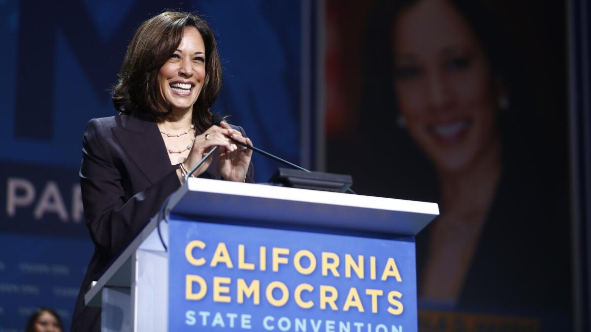 Sen. Kamala Harris, one of the contenders for the 2020 presidential nomination, addresses the California state Democratic Party convention in San Francisco on Saturday.