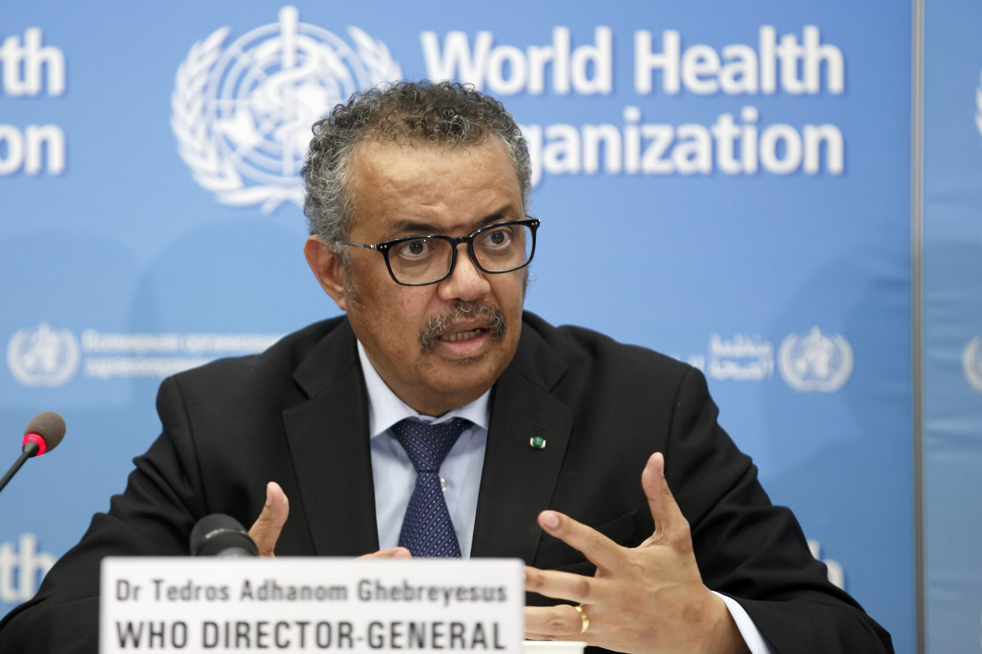Tedros Adhanom Ghebreyesus, director-general of the World Health Organization, discusses COVID-19 at a news conference.