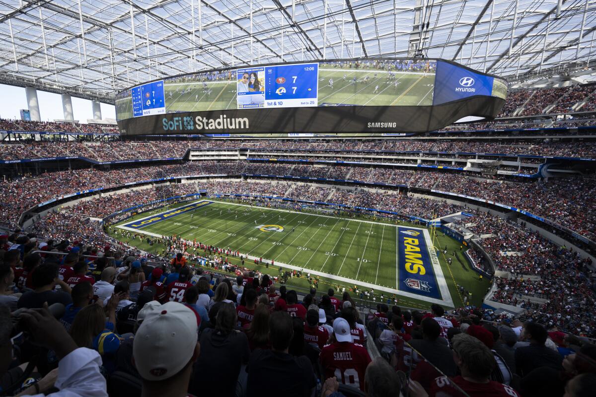 A view of SoFi Stadium during Sunday's game between the Rams and San Francisco 49ers.