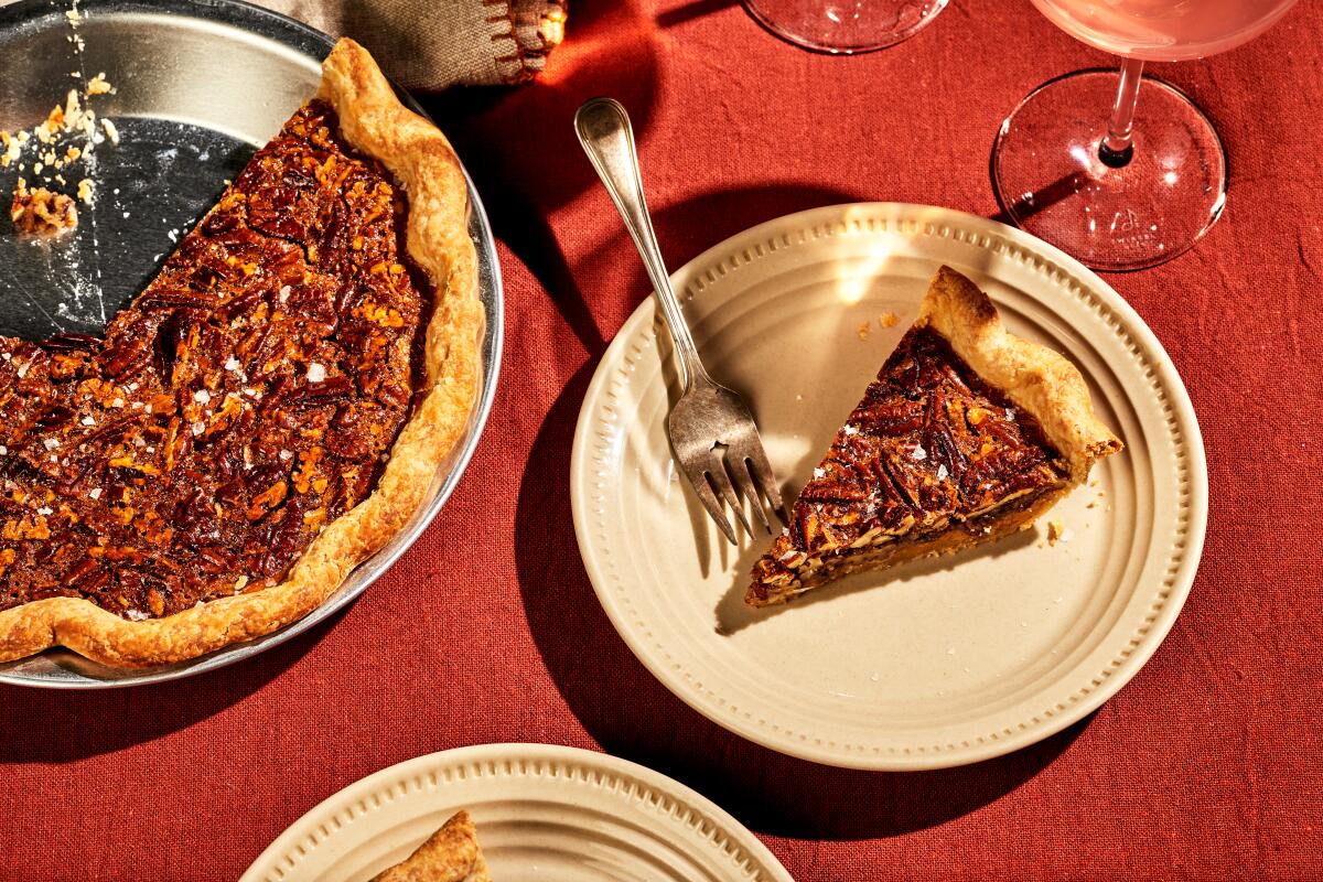 overhead shot of a piece of pie on a plate with a fork on it