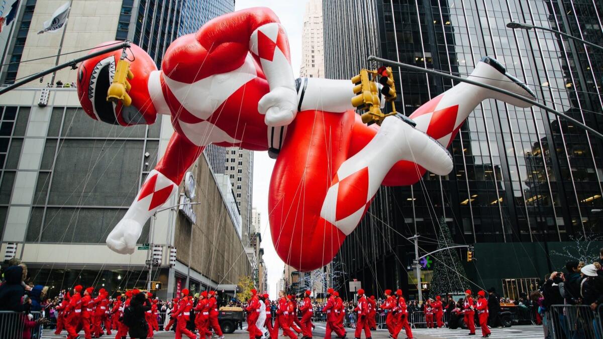 The Red Ranger Power Ranger balloon floats during Macy's 90th Thanksgiving Day Parade in New York City in 2016.