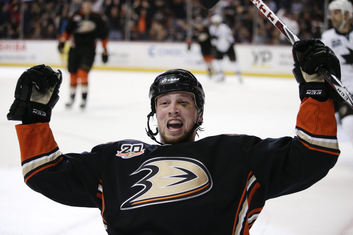 Matt Beleskey, shown in a game last April, will replace Patrick Maroon on the Ducks' first line Tuesday against Philadelphia.