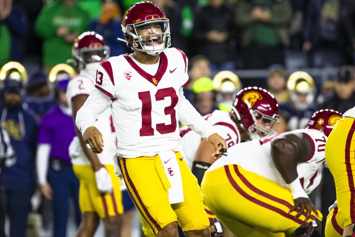 USC quarterback Caleb Williams yells to the sideline during the first half against Notre Dame on Oct. 14.